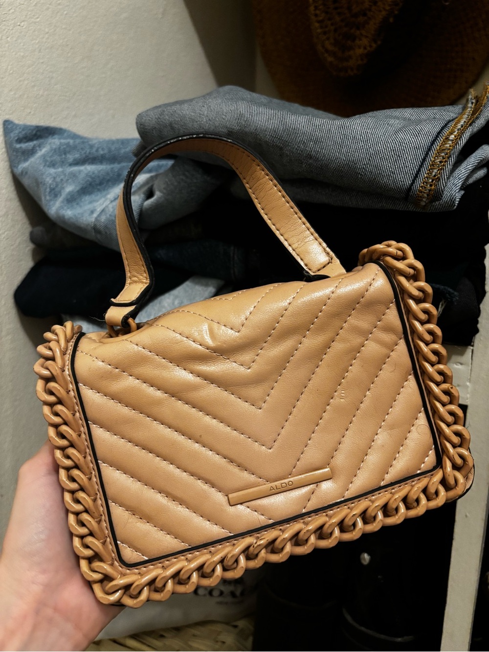 ALDO Tan Quilted Top-Handle Satchel with Chain Trim